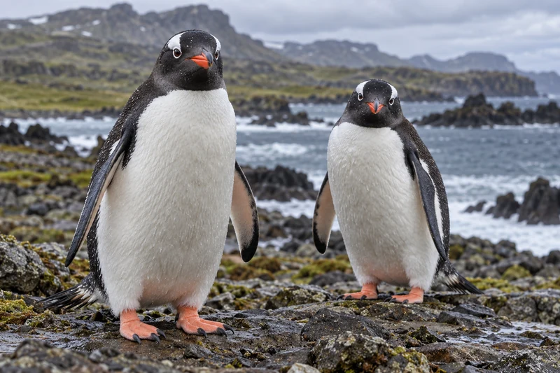 Illustrazione editoriale IA di pinguini gentoo sulla costa subantartica; non fotografia degli individui esaminati nello studio.