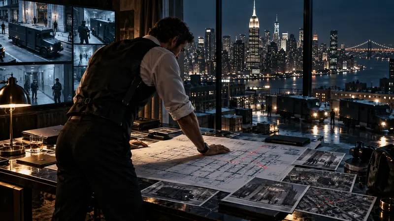 Un ladro pianifica un colpo notturno a New York, illustrazione editoriale IA non documentaria.