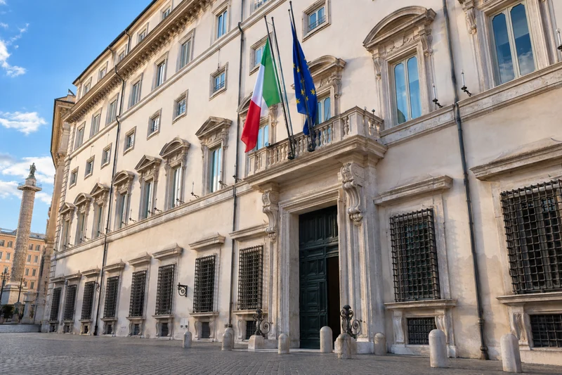 Palazzo Chigi a Roma, illustrazione editoriale IA non documentaria.