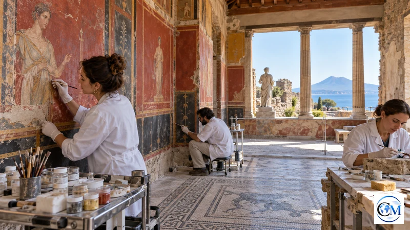 Interno restaurato della Casa di Marco Fabio Rufo a Pompei con affaccio sul golfo