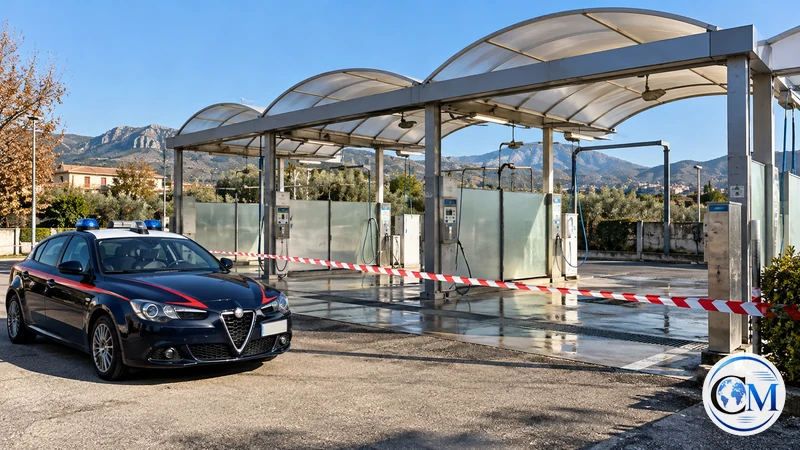 Ricostruzione editoriale IA ultrarealistica di un autolavaggio ad Aquino messo in sicurezza; non è una fotografia dell'intervento.