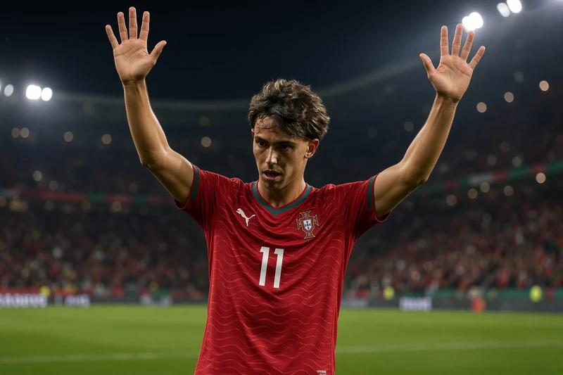 João Félix con la maglia rossa del Portogallo numero 11, stemma e Puma, in un gesto di esultanza in campo