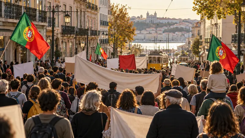 Scena editoriale IA di una manifestazione pacifica per la casa su un viale di Lisbona con bandiere portoghesi.