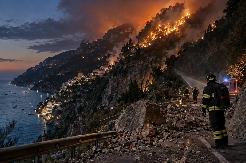 Scena editoriale sensibile generata con IA dell’incendio sul versante di Positano e della frana sulla SS 163, senza vittime visibili