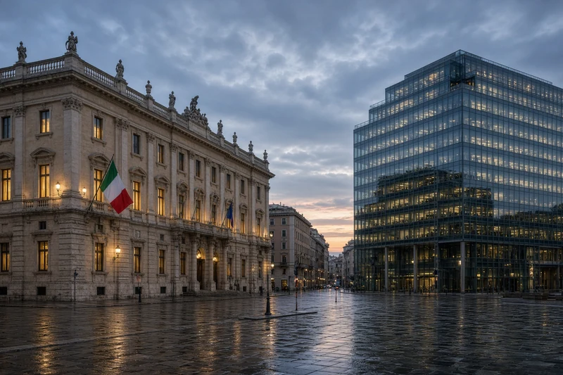 Illustrazione editoriale generata con IA: palazzo storico e sede telecom moderna su una piazza romana al crepuscolo; non è una fotografia documentaria.