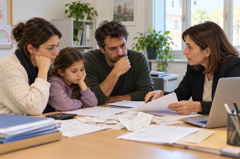 Famiglia italiana esamina spese domestiche e ricevute con un’assistente sociale; illustrazione editoriale IA non documentaria.