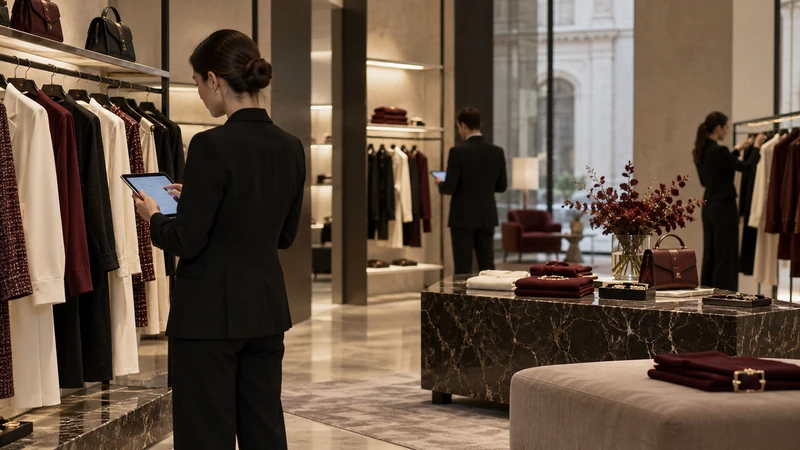 Illustrazione editoriale IA di una boutique italiana di alta moda con personale che controlla l'inventario, senza loghi.