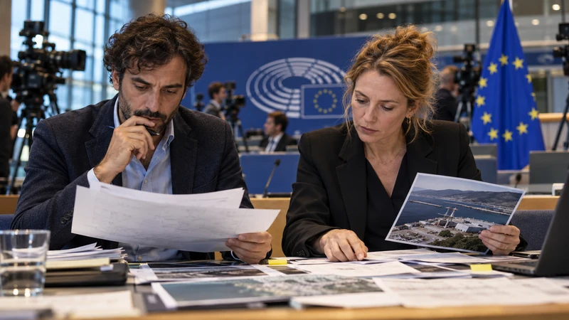 Due giornalisti esaminano documenti in una sala stampa europea, illustrazione editoriale IA non documentaria.