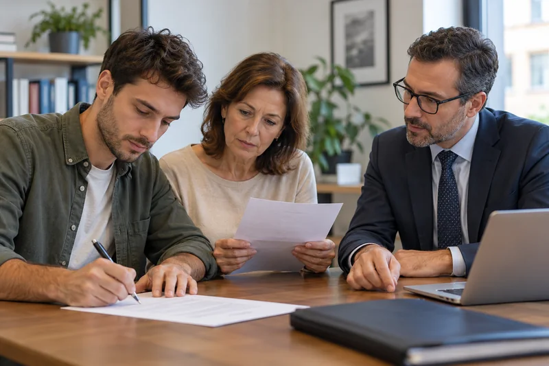 Richiedente e garante esaminano con un consulente un contratto di finanziamento.