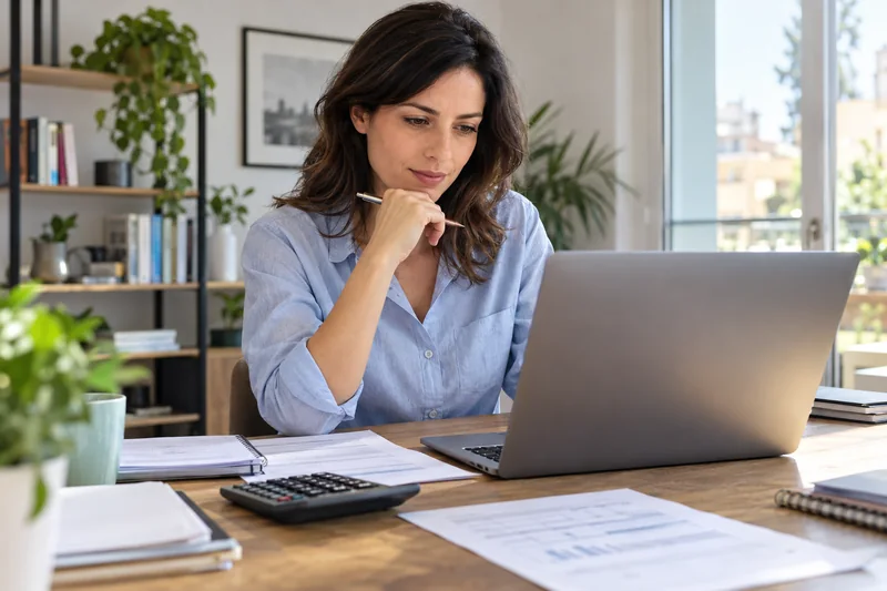 Cliente confronta preventivi di prestito online su un computer con documenti e calcolatrice.