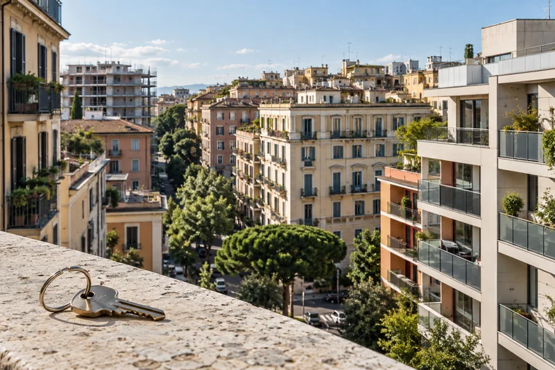 Scena editoriale fotorealistica generata con IA: chiavi di casa in primo piano e un quartiere residenziale italiano con edifici nuovi ed esistenti.