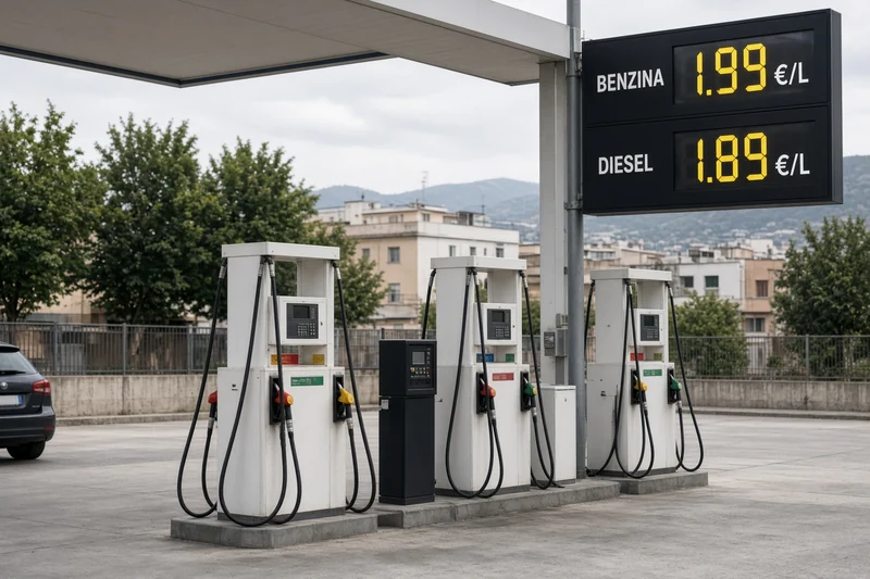 Illustrazione editoriale IA di un distributore italiano con tabellone prezzi benzina e diesel; scena non documentaria.