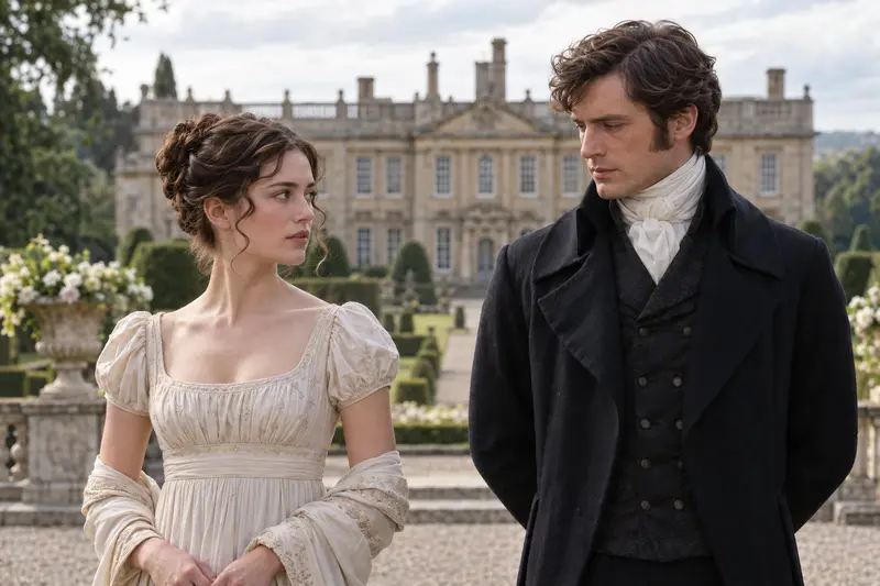 Scena editoriale contestuale generata con IA di Elizabeth Bennet e Mr. Darcy in abiti Regency davanti a una tenuta inglese, per rappresentare Pride and Prejudice