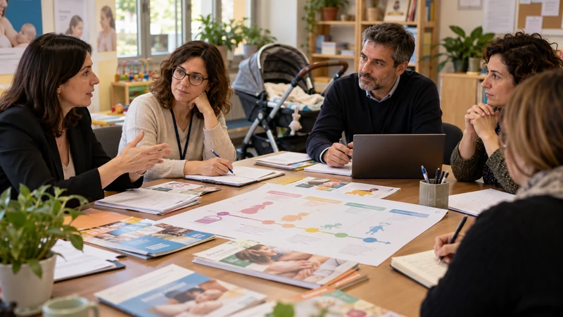 Illustrazione editoriale IA di una riunione tra servizi sociali e operatori per programmare interventi destinati a genitori e bambini; scena non documentaria.