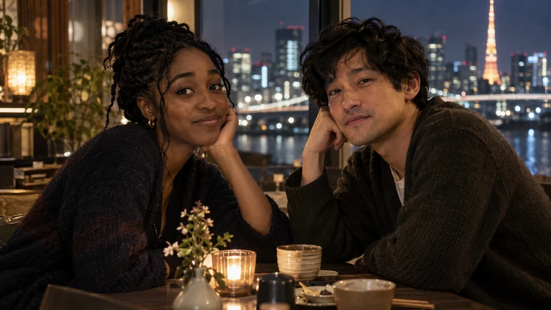 Illustrazione editoriale IA con Ayo Edebiri e Will Sharpe seduti in un caffè contemporaneo di Tokyo; somiglianze sintetiche non documentarie.