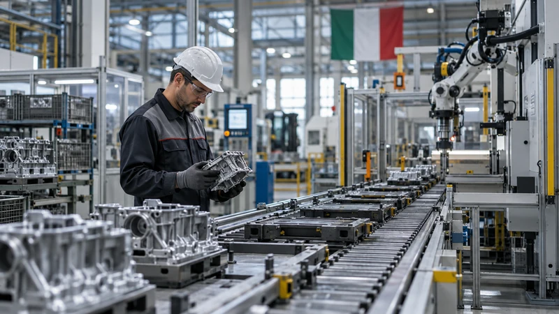 Illustrazione editoriale IA ultrarealistica di un impianto manifatturiero italiano con una linea automatizzata; scena non documentaria.