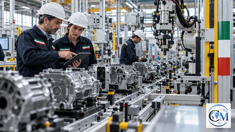Illustrazione editoriale IA ultrarealistica di tecnici in uno stabilimento industriale italiano automatizzato; scena non documentaria.
