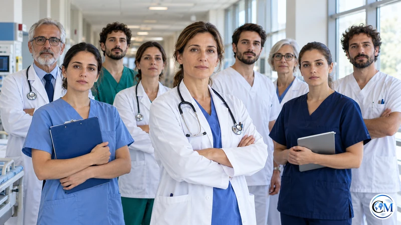 Un gruppo di professionisti sanitari in un ospedale; illustrazione editoriale IA non documentaria.