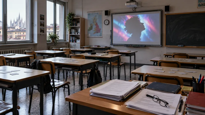 Aula scolastica vuota a Milano con proiettore acceso e documenti d’ispezione sulla cattedra, illustrazione editoriale IA