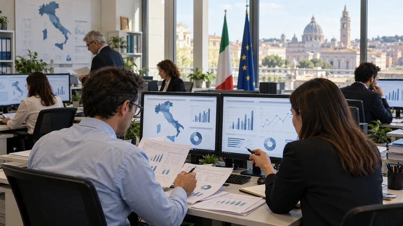 Statistici della pubblica amministrazione analizzano dati anonimi in un ufficio italiano; illustrazione editoriale IA.