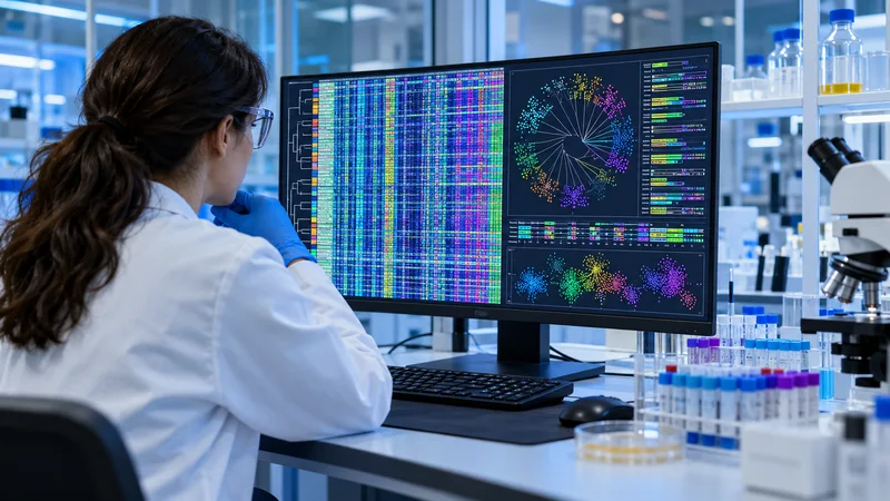 Illustrazione editoriale IA di una ricercatrice che analizza genomi microbici ricostruiti da dati di sequenziamento in laboratorio.