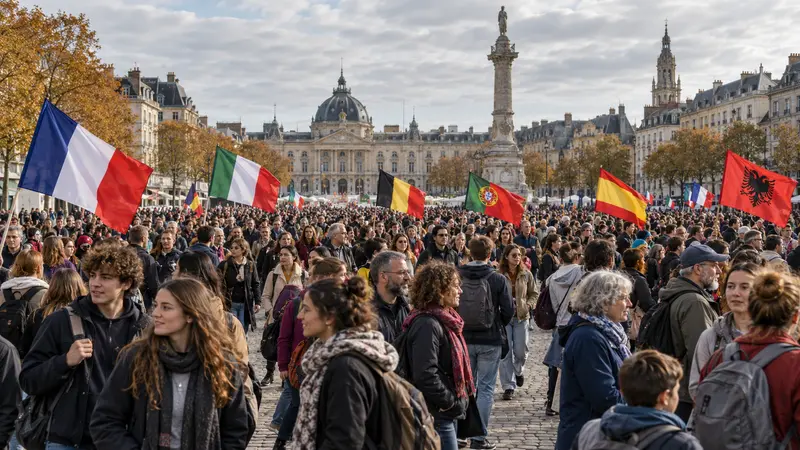 Scena editoriale IA unica di studenti, lavoratori e famiglie in una piazza europea con diverse bandiere nazionali.