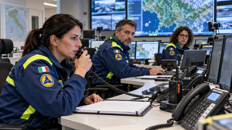 Illustrazione editoriale IA di una sala di coordinamento della Protezione civile; non documenta un'emergenza.