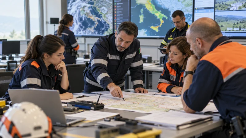 Operatori della protezione civile italiana coordinano piani in una sala operativa; illustrazione editoriale IA.