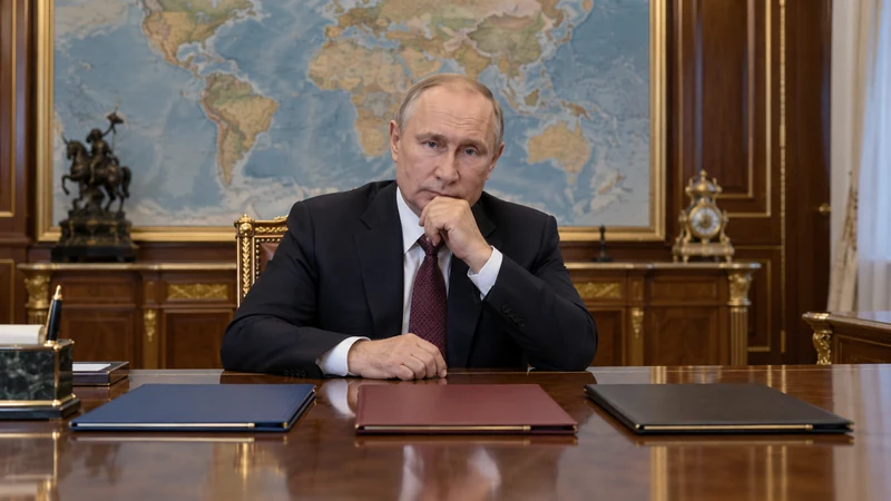 Somiglianza sintetica editoriale IA di Vladimir Putin in un ufficio diplomatico neutro; non documenta un incontro reale.