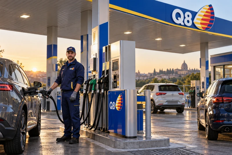 Illustrazione di un addetto davanti alle pompe di un distributore Q8 al mattino.