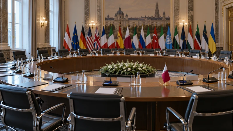 Illustrazione editoriale IA di una sala diplomatica a Vienna con il vessillo del Qatar tra molte bandiere.