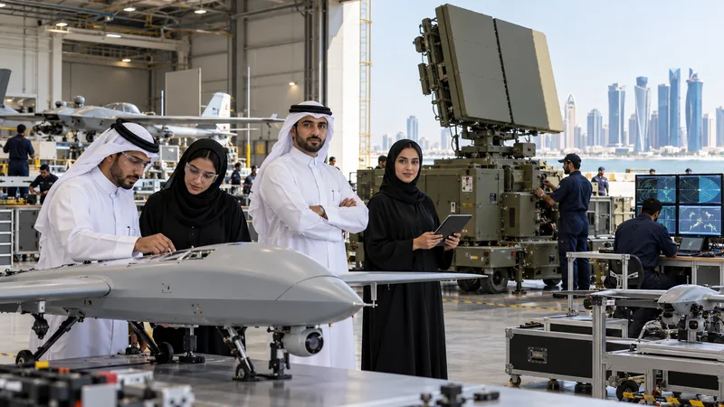 Illustrazione editoriale IA di un moderno polo industriale della difesa nel deserto del Qatar.