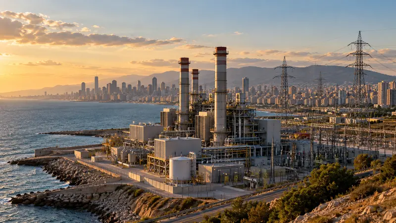 Illustrazione editoriale IA di una moderna centrale elettrica sulla costa libanese con una nave metaniera al largo.