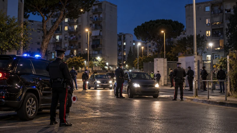 Illustrazione editoriale IA di controlli notturni dei Carabinieri al Quarticciolo, senza persone fermate riconoscibili; scena non documentaria.
