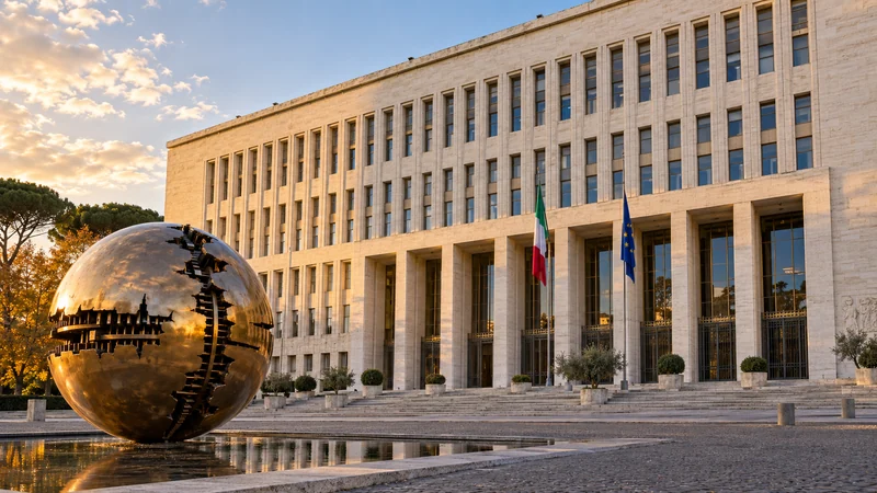 Palazzo della Farnesina e la sfera di Arnaldo Pomodoro; illustrazione editoriale IA del contesto diplomatico, non del fermo.