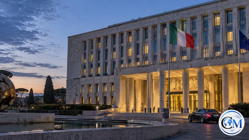 Illustrazione editoriale IA del Palazzo della Farnesina all’alba, immagine neutrale sul rientro consolare; non è una fotografia documentaria.