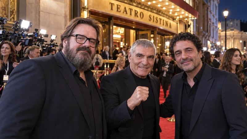 Illustrazione editoriale IA con Giuseppe Battiston, Patrizio Oliva e Ciro Minopoli davanti al Teatro Sistina per una rassegna cinematografica; somiglianze sintetiche non documentarie.