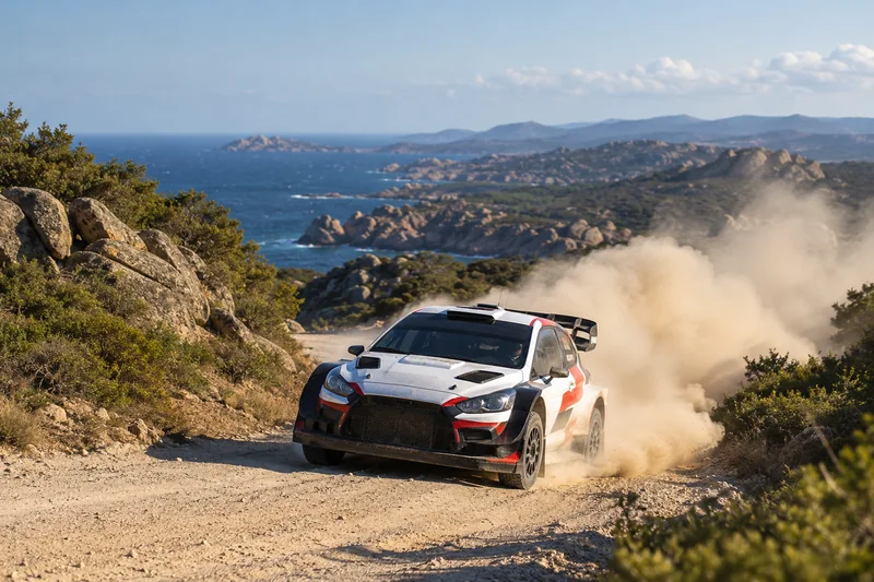 Illustrazione editoriale generata con IA di un'auto da rally su una strada sterrata della Sardegna, con costa mediterranea sullo sfondo; non documentaria.