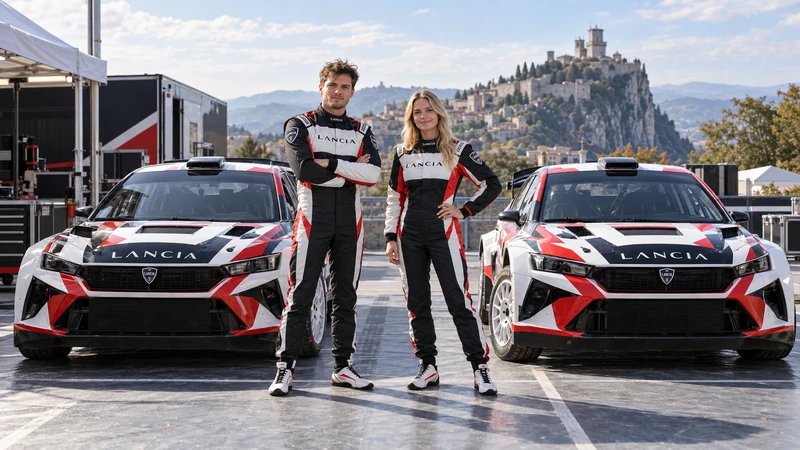 Illustrazione editoriale IA di Nikolay Gryazin e Rachele Somaschini davanti a due Lancia Ypsilon Rally2 a San Marino; scena non documentaria.