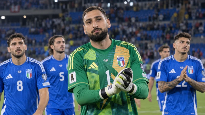 Illustrazione editoriale IA contestuale di Gianluigi Donnarumma e altri calciatori dell'Italia in uno stadio; scena non documentaria.