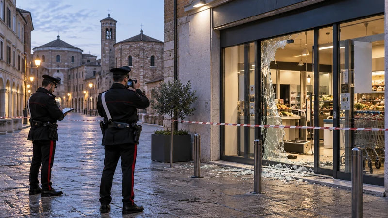 Illustrazione editoriale IA di una vetrina danneggiata e messa in sicurezza dai Carabinieri a Ravenna, senza persone ferite; scena non documentaria.