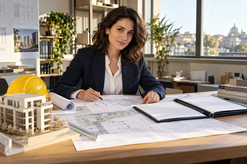 Professionista in uno studio tecnico con progetti, modello di edificio, casco e due cartelle contrattuali; illustrazione editoriale IA non documentaria.