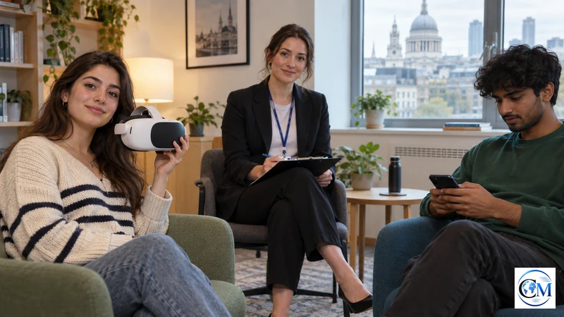 Studentessa con visore di realtà virtuale in un ambiente universitario luminoso