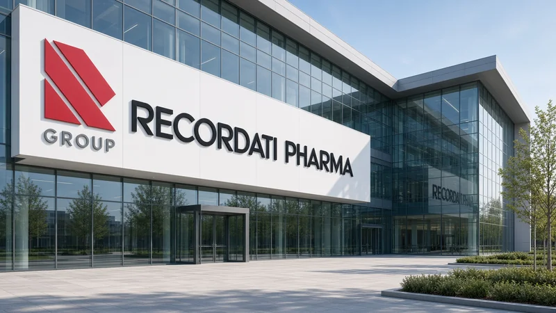 Illustrazione editoriale IA della sede Recordati Pharma; non documentaria.