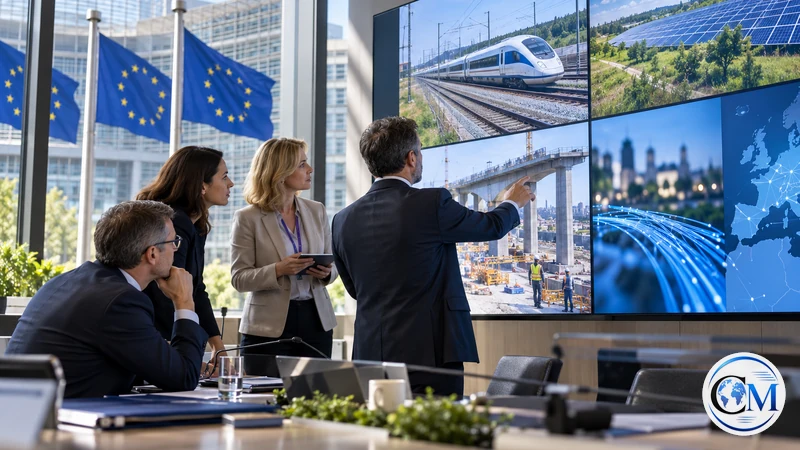 Illustrazione editoriale IA ultrarealistica di funzionari europei che verificano progetti del Recovery; scena non documentaria.