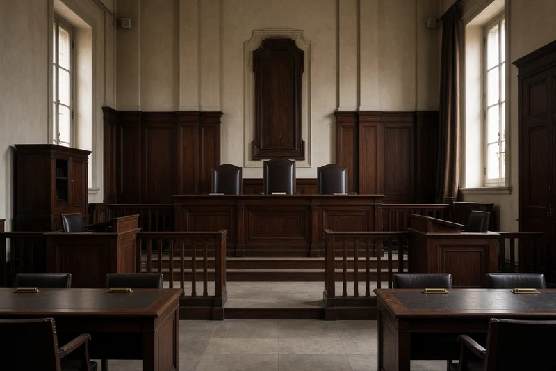 Aula di tribunale sobria senza persone identificabili; illustrazione editoriale IA non documentaria.