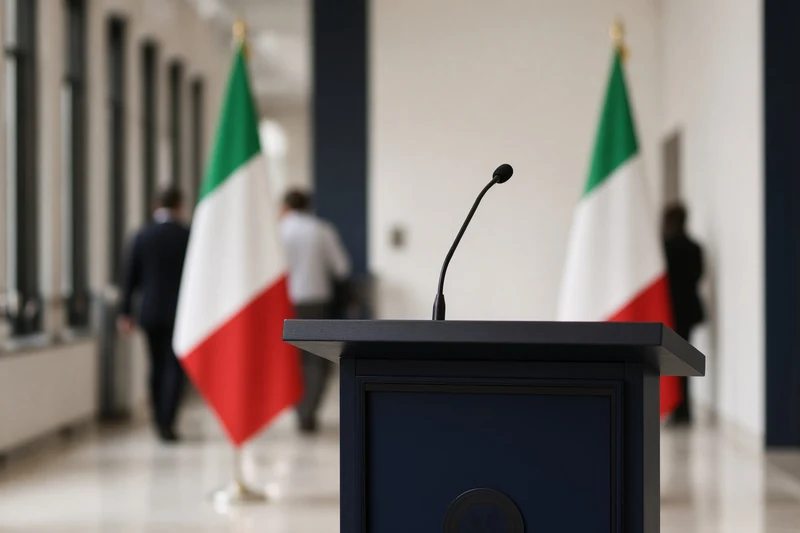 Podio e bandiere italiane in sede istituzionale; illustrazione editoriale IA non documentaria.