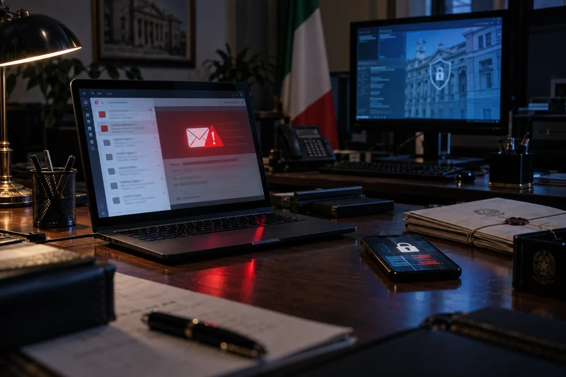 Scena editoriale contestuale generata con IA: postazione informatica in un ufficio istituzionale italiano con un avviso di sicurezza su una casella email; nessun dato reale visibile