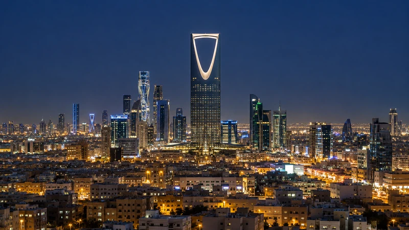 Illustrazione editoriale IA del riconoscibile skyline di Riad di notte, senza ricostruire attacchi, incendi o danni.