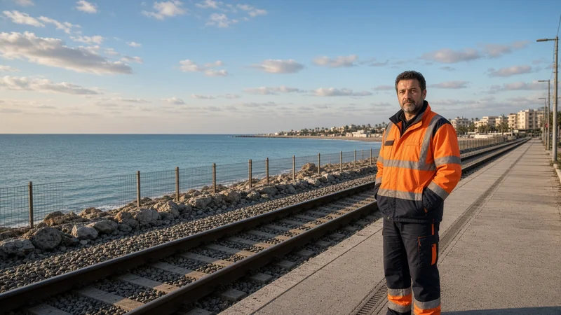 Binari vuoti lungo la costa, con il mare sullo sfondo e nessuna persona